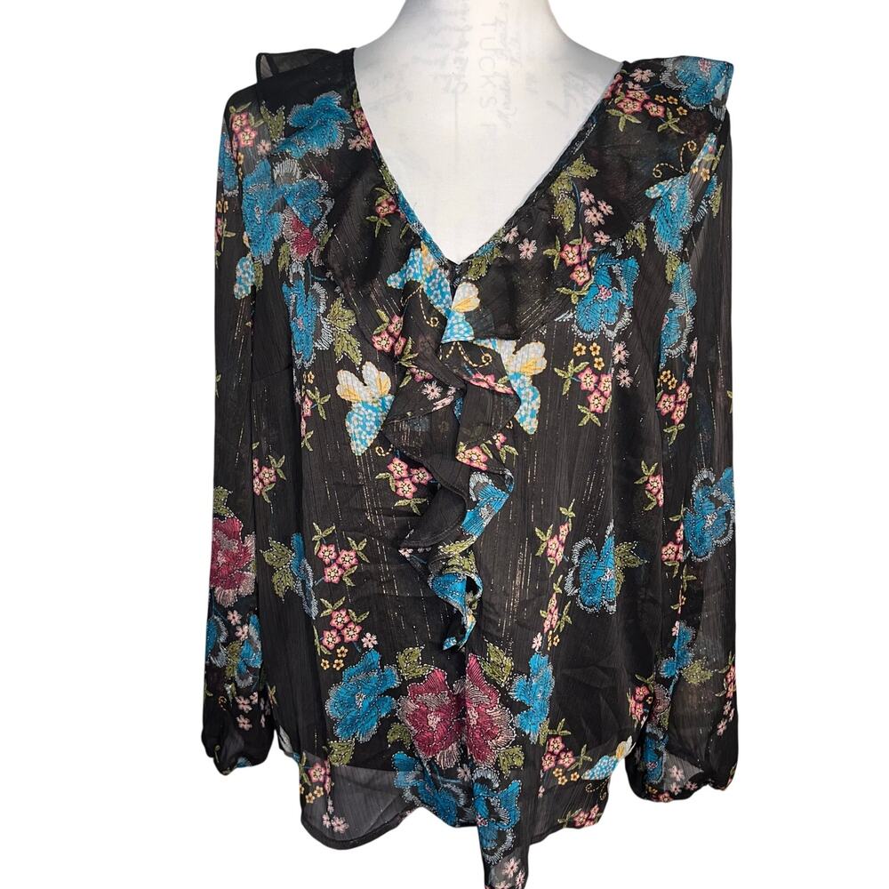 Lauren C sheer metallic gold balloon ruffle brown floral butterfly  blouse